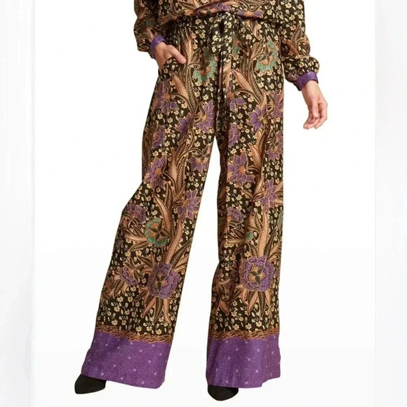 Warm Pickford Wide Leg Pants Boho Floral Paisely Black Purple Tan 100% Cotton 0 - Picture 2 of 12